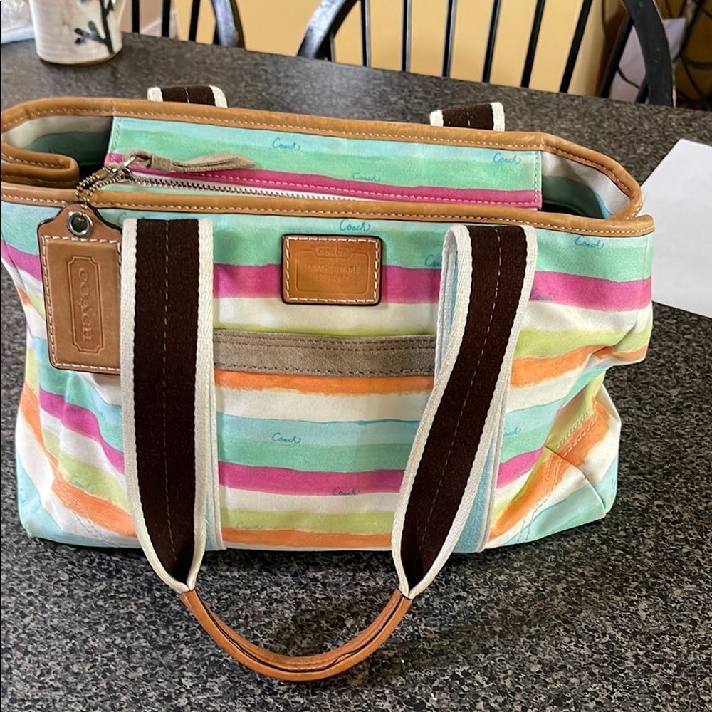 Coach Pastel Striped Tote Bag with Leather Accents